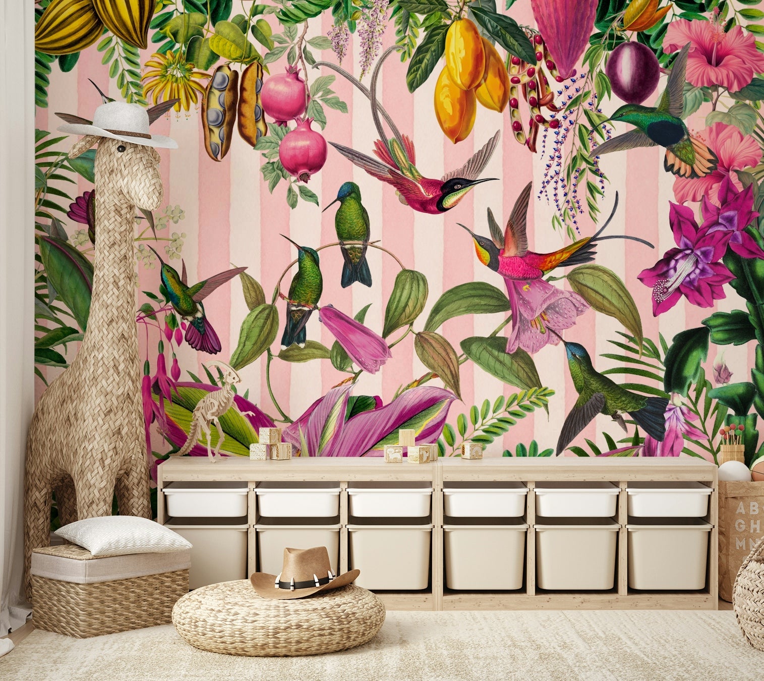 Hidden Exotic Hummingbird Paradise With Stripes wall mural

