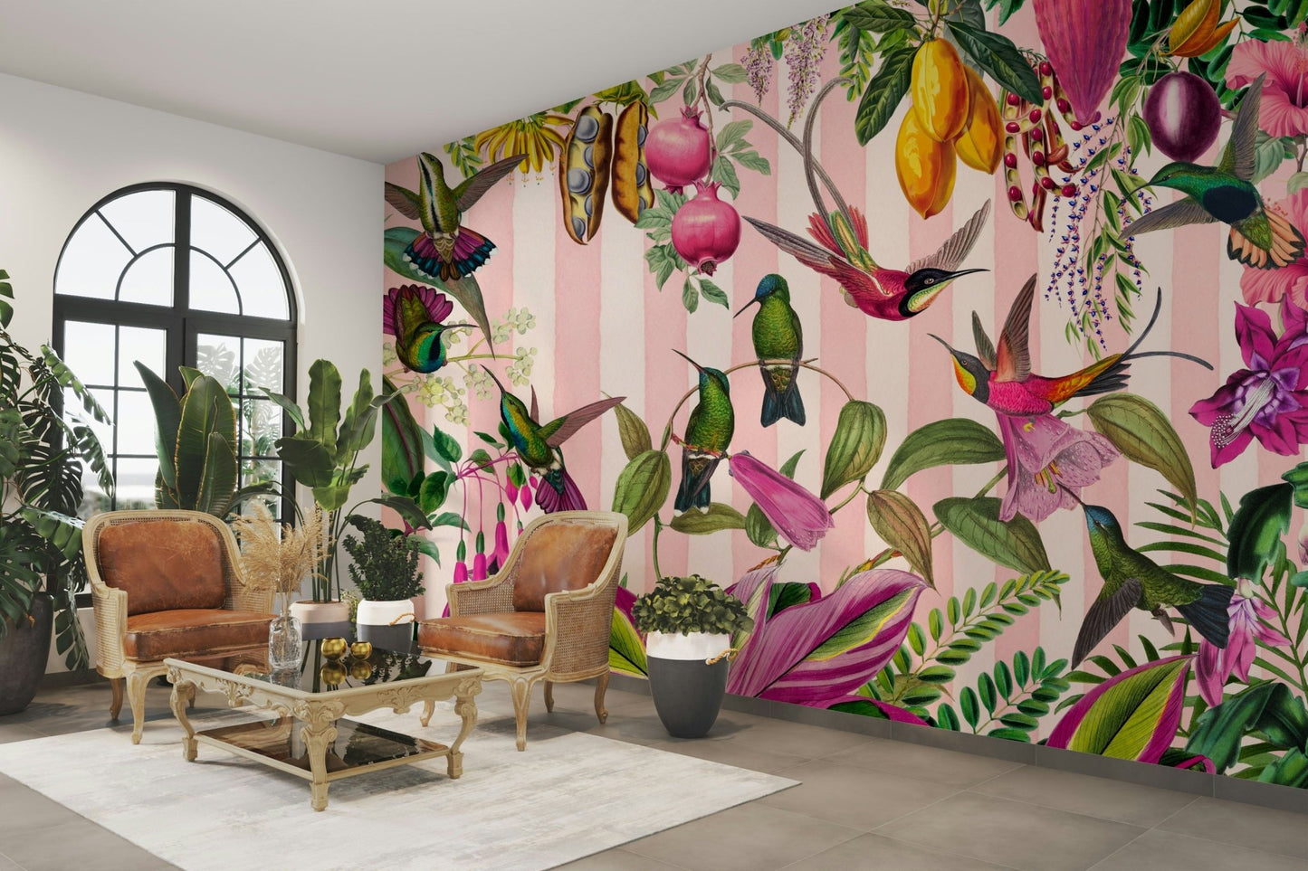 A seamless pattern of tropical birds on a striped wall

