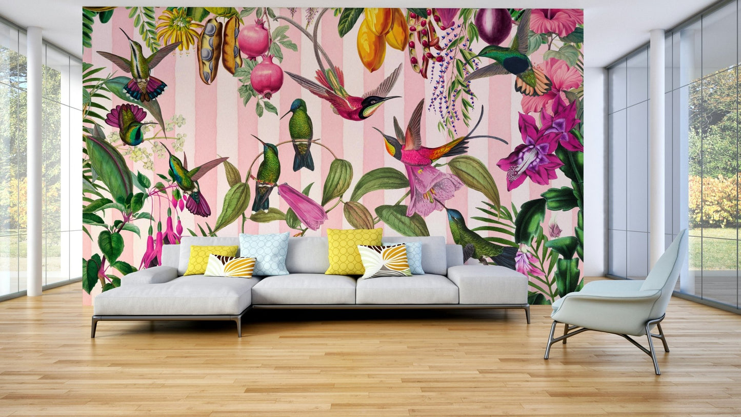 An angled shot of a wall with exotic bird and stripe wallpaper

