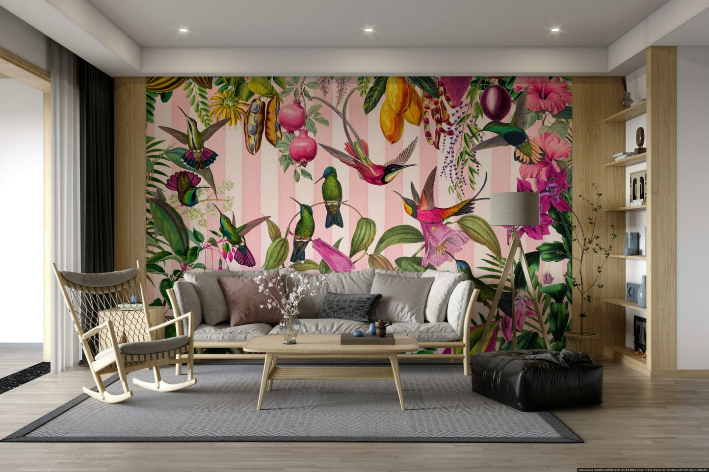 A dining room with a unique tropical bird and stripe design

