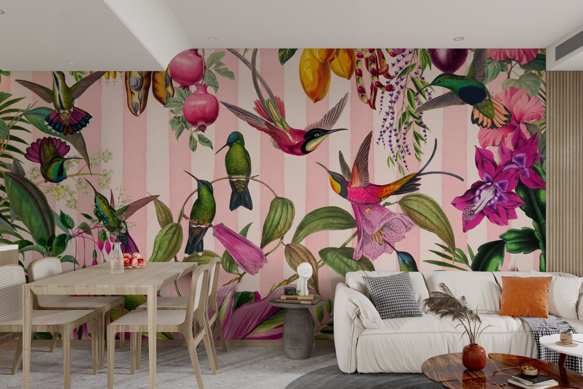 Wallpaper with a tropical jungle, bird, and stripe design

