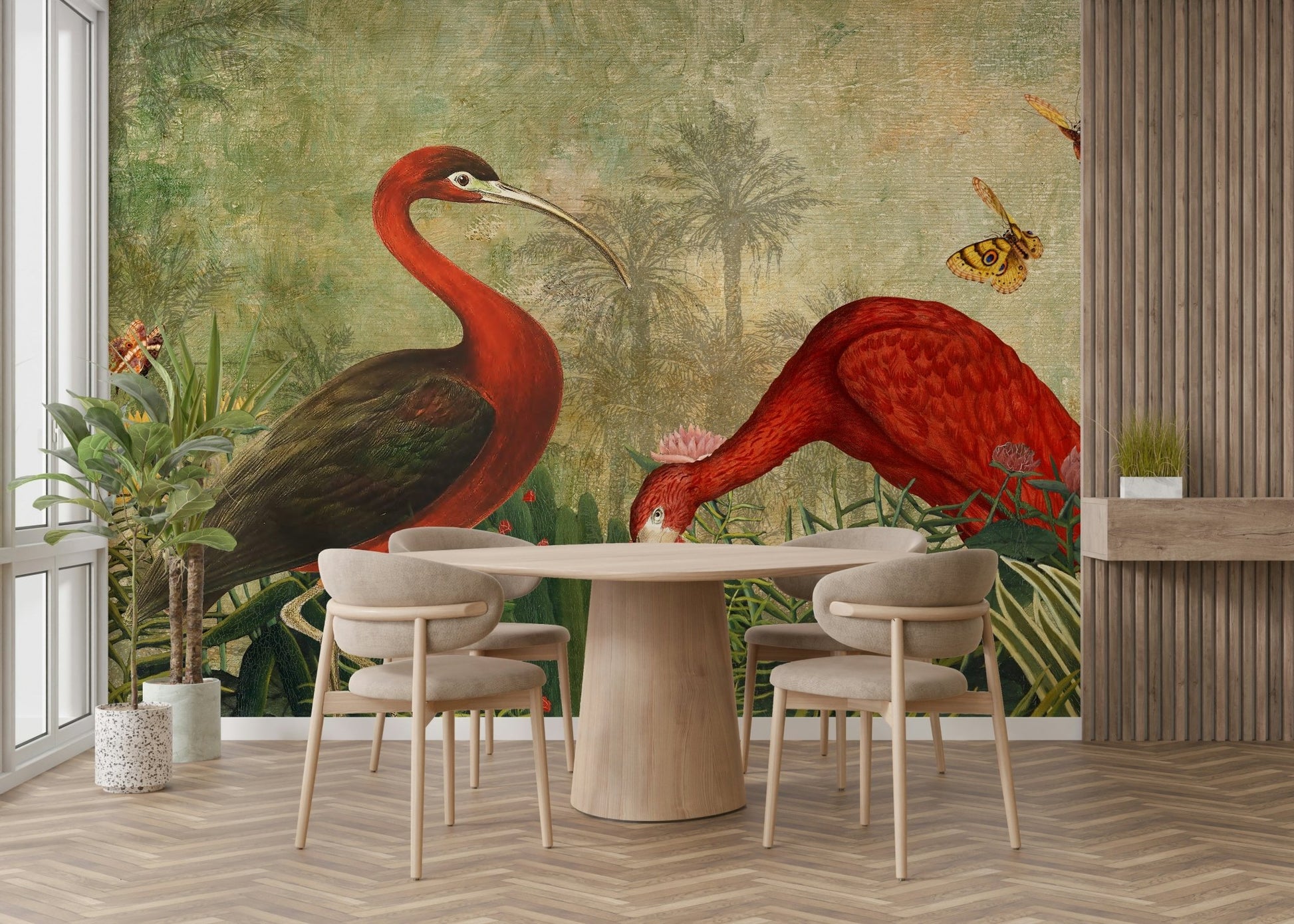 Peaceful oasis mural surrounded by tropical plants.

