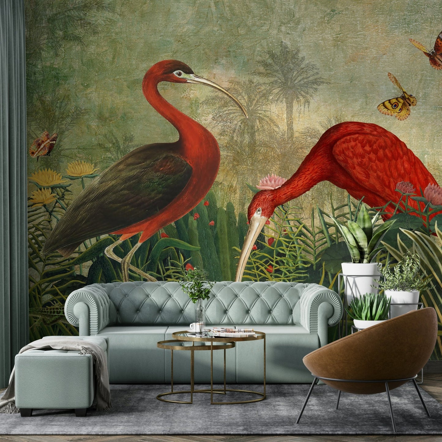 Lush jungle mural with hidden oasis and waterfalls.

