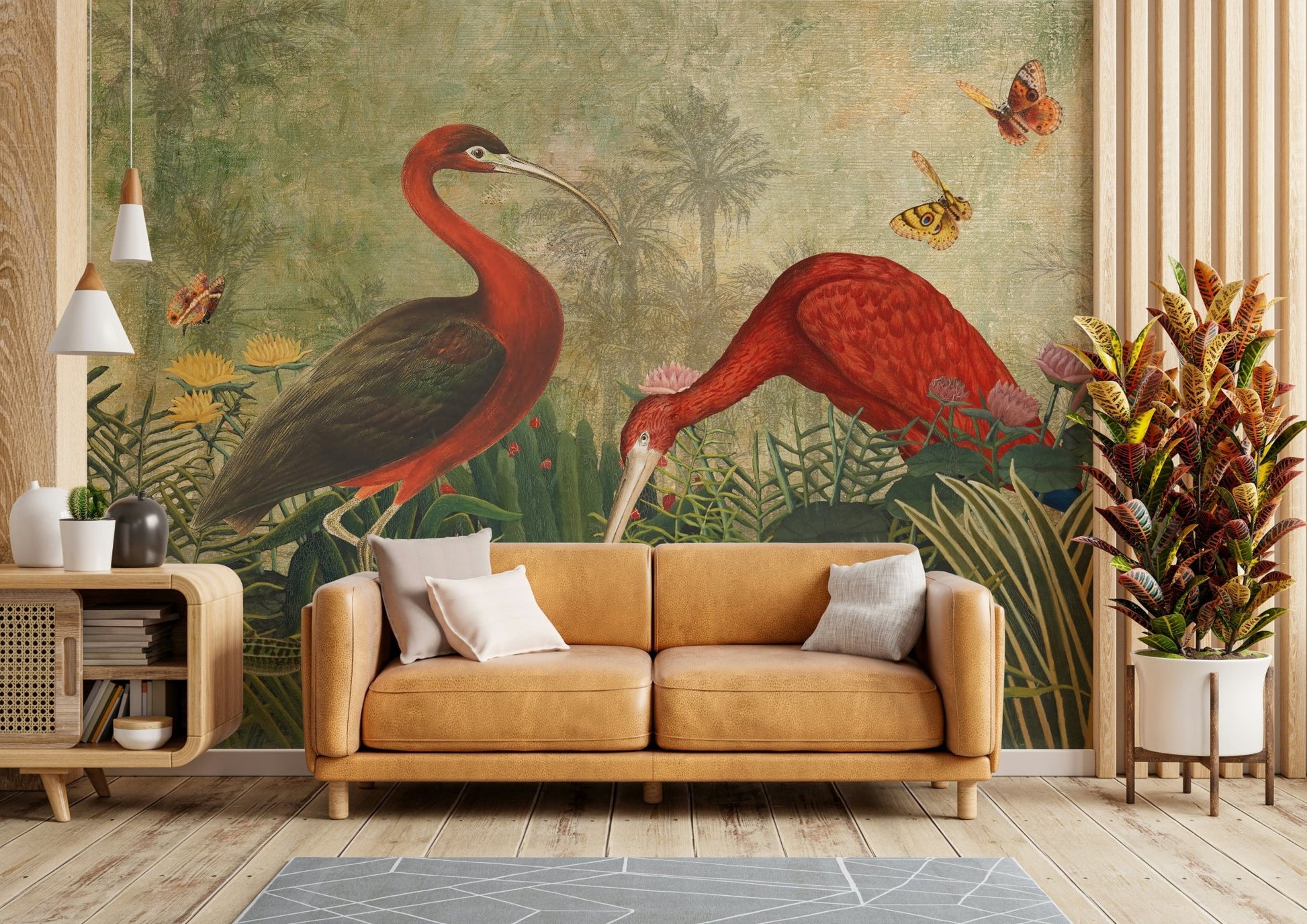 Tropical paradise mural with palm trees and water.

