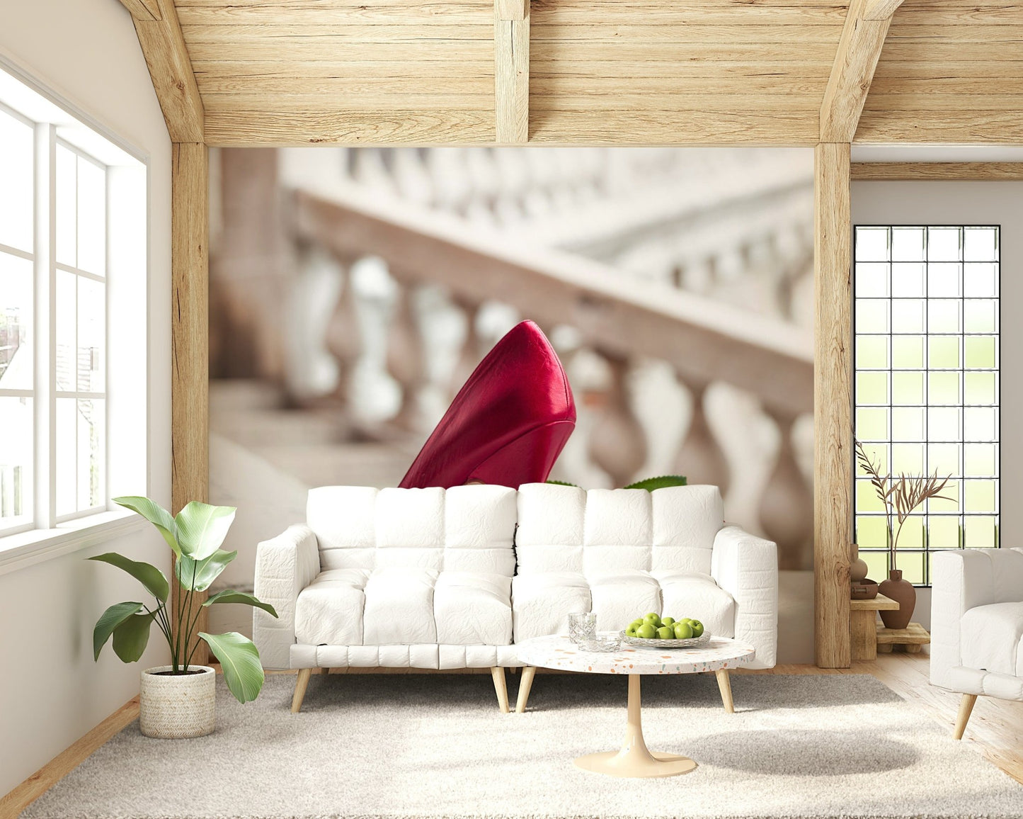 High Heels and Rose wallpaper mural featuring scarlet satin stiletto.