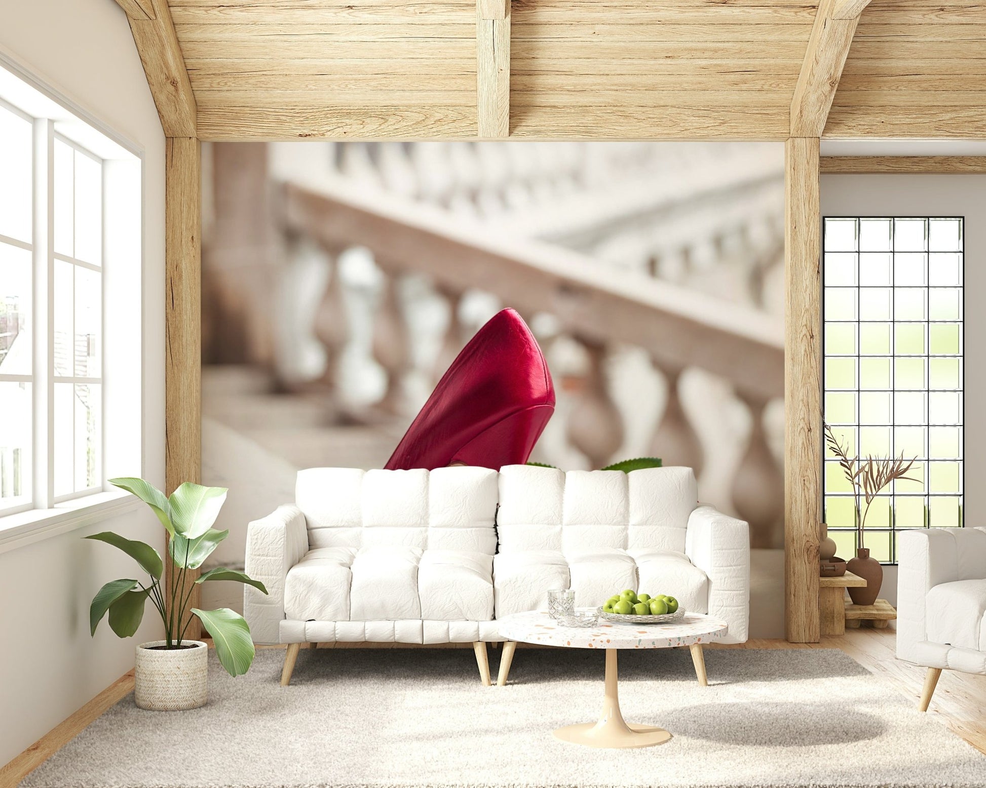 High Heels and Rose wallpaper mural featuring scarlet satin stiletto.