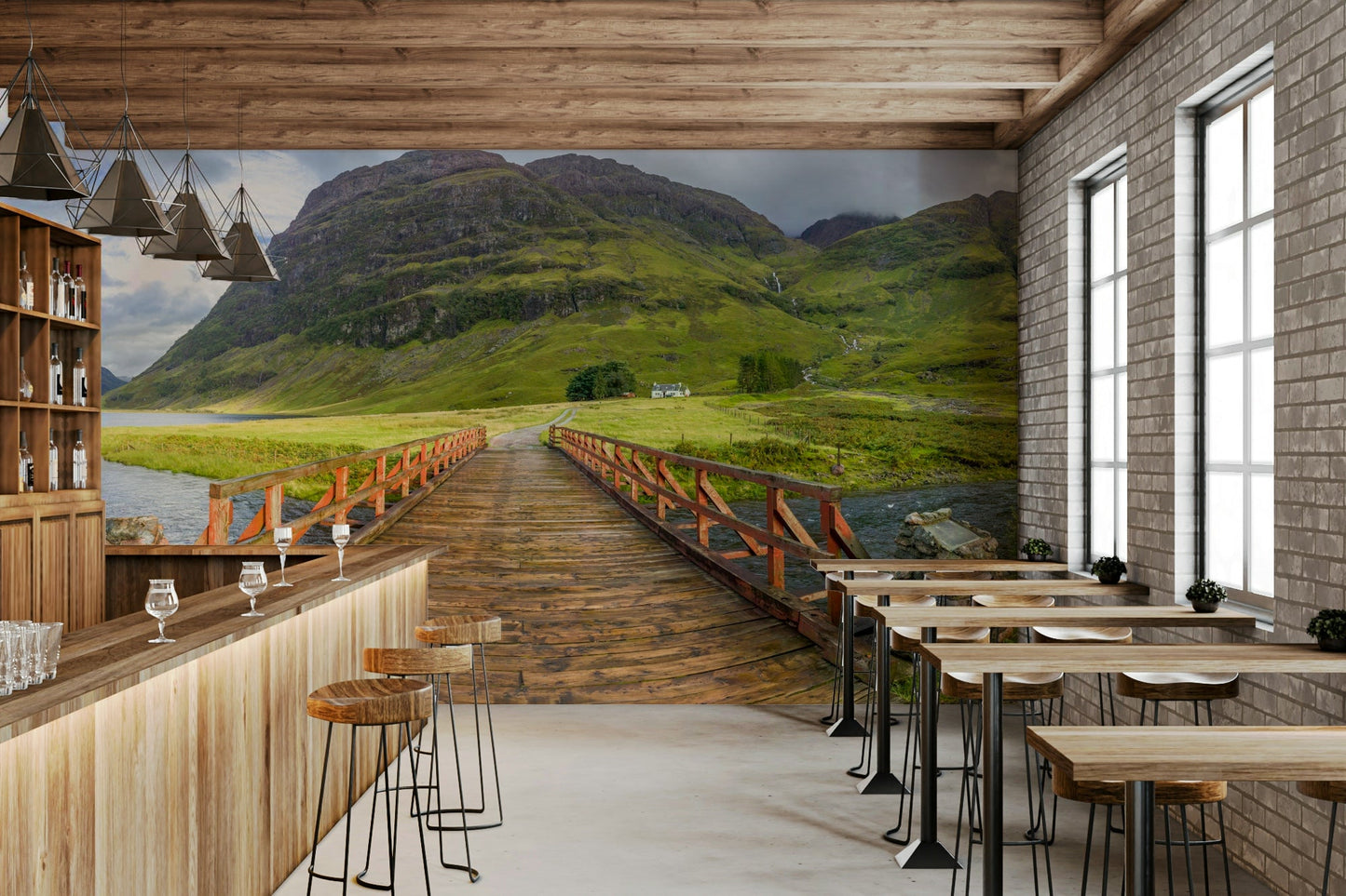 Stone bridge over calm river wallpaper

