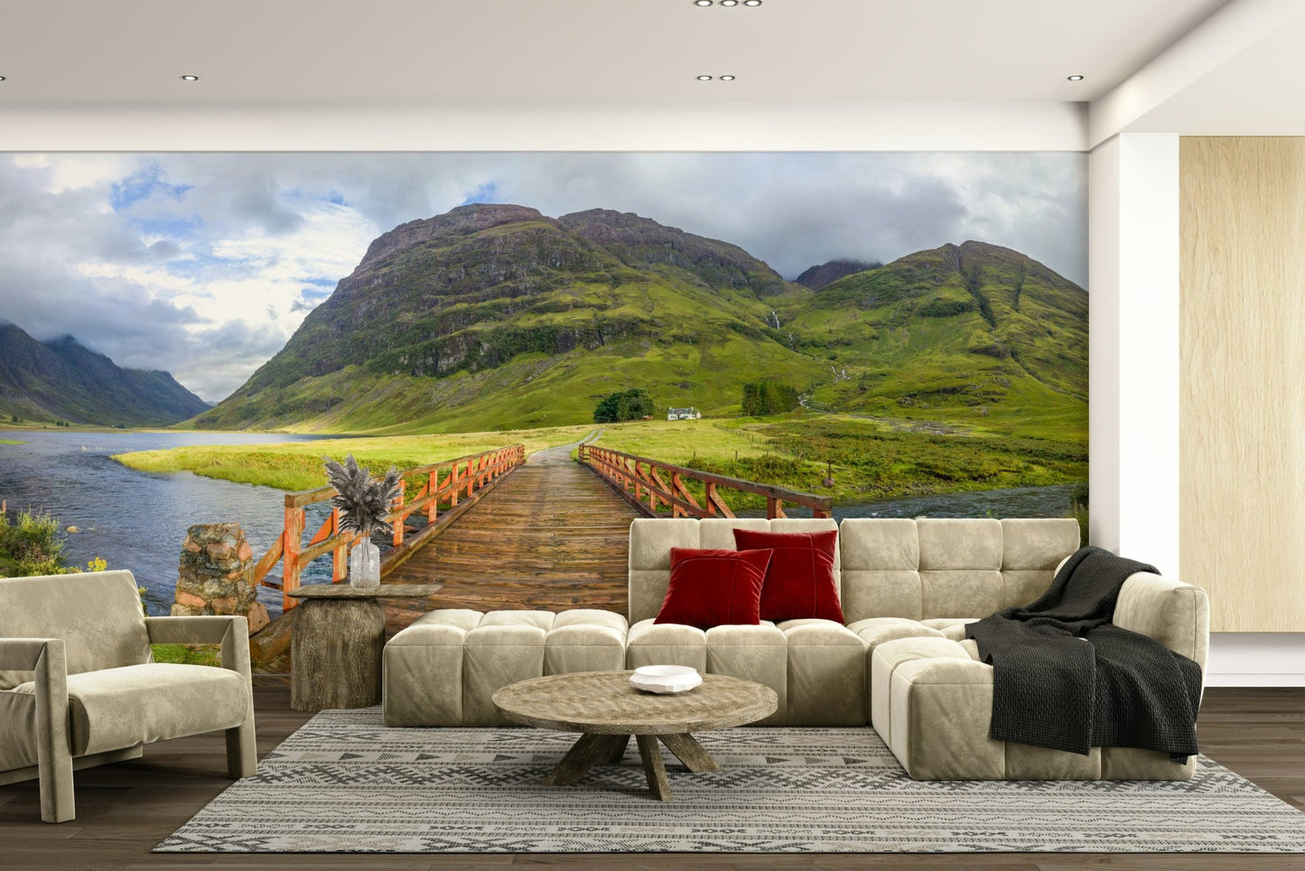 Nature wall mural with hills and bridge

