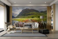 Calm river mural with historic bridge

