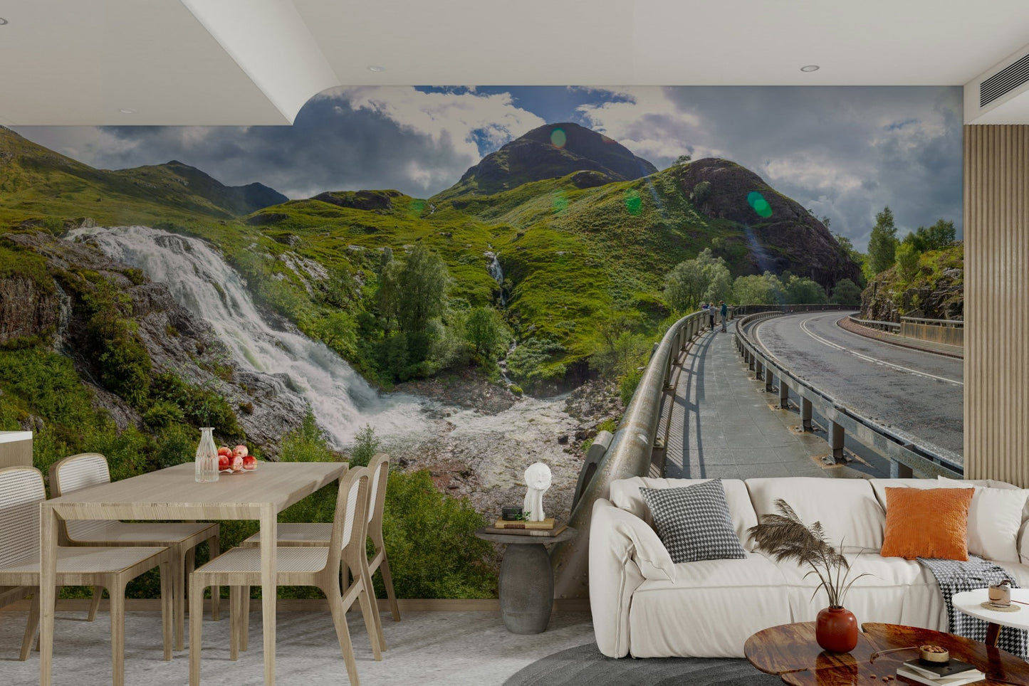 Misty spray from the waterfall.

