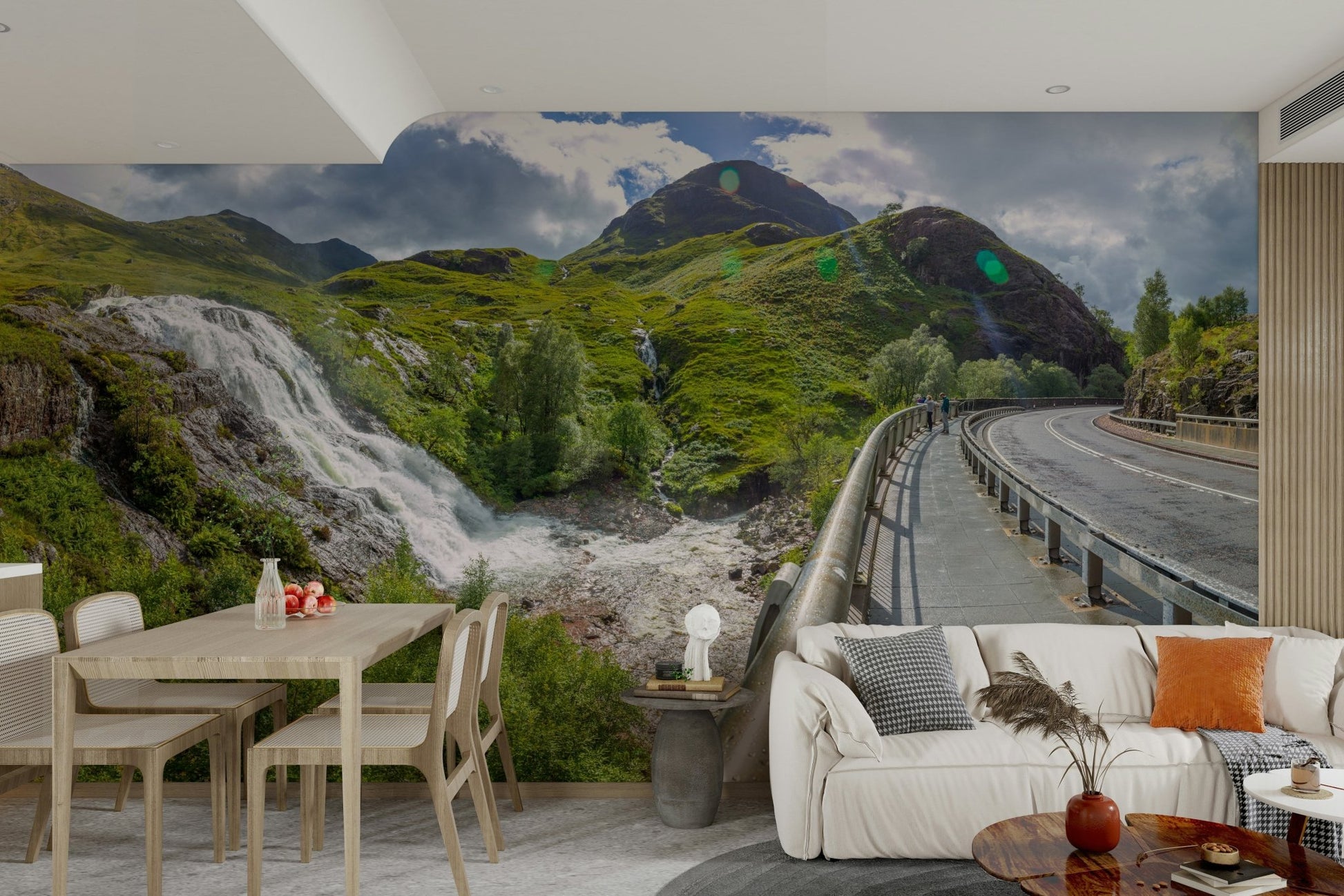 Misty spray from the waterfall.

