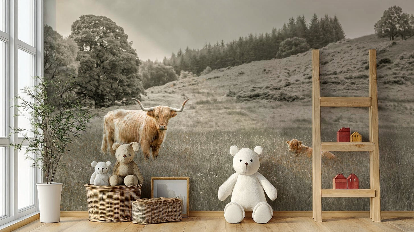 Highland Cow Grazing Wall Mural