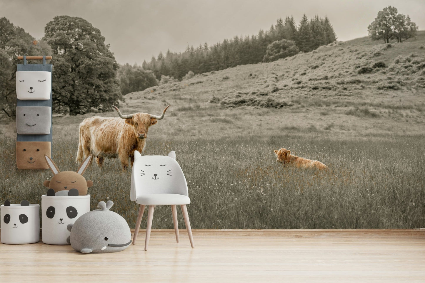 Shaggy cow in countryside scene
