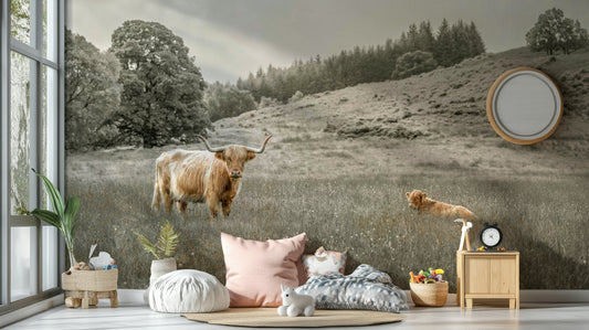 Highland cow grazing mural wallpaper
