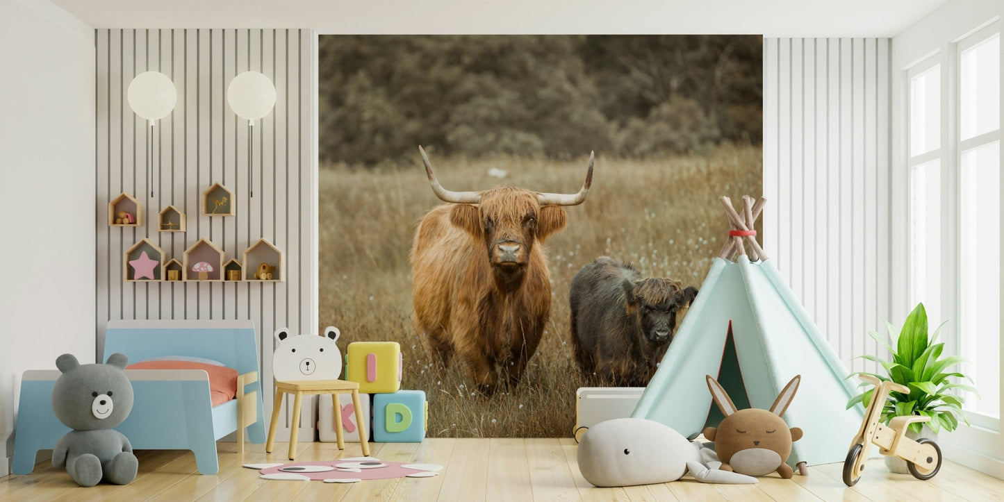 Highland cow wallpaper mural for a warm living space.

