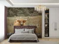 Highland cow wall art mural for a countryside vibe.


