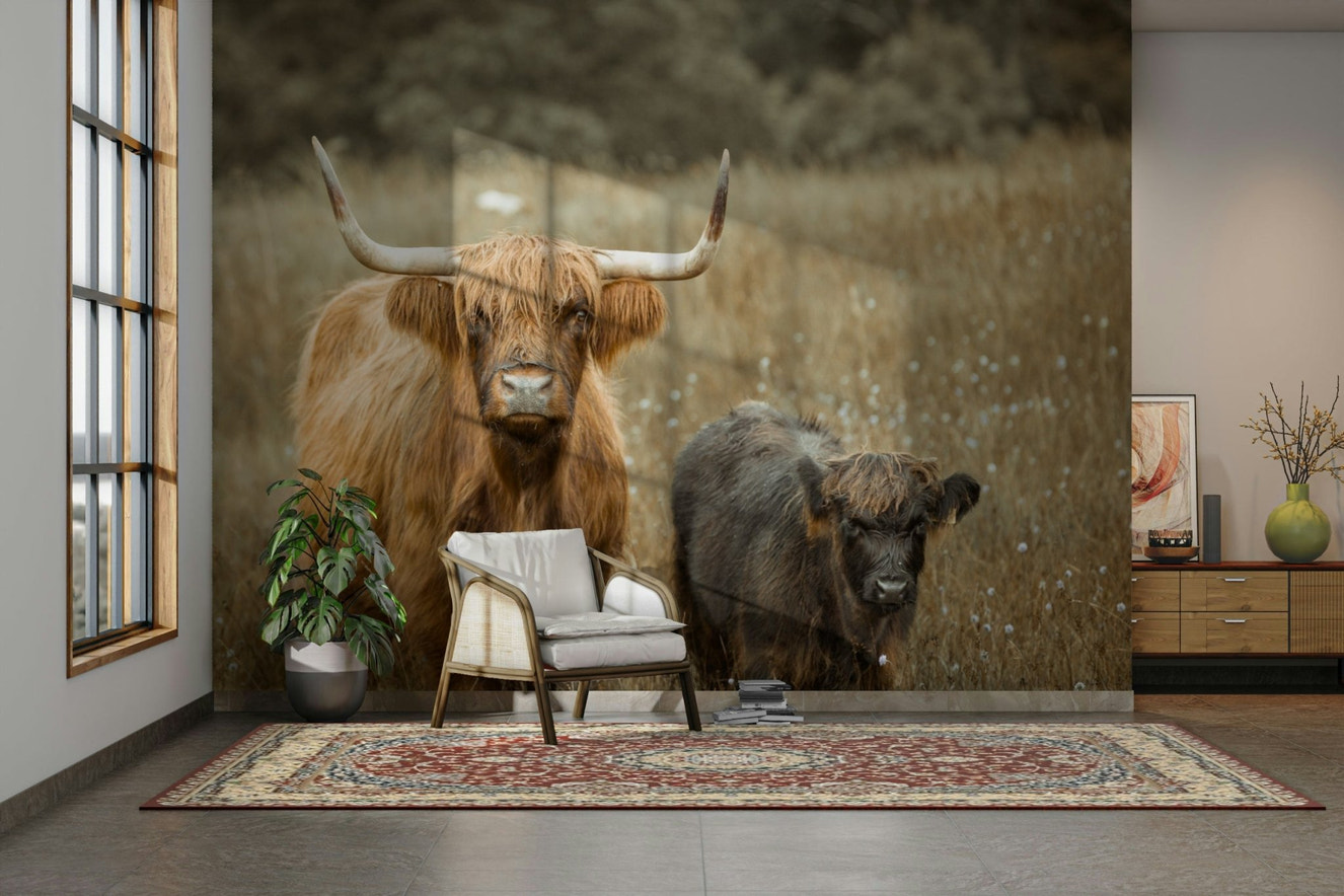 Highland cow wall mural for rustic home decor.

