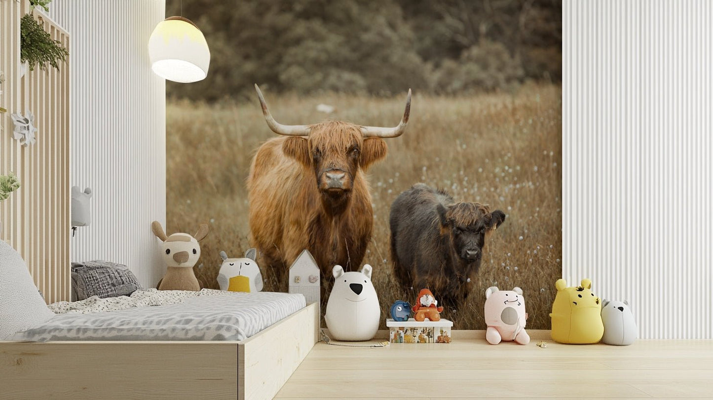 Stunning Highland cow mural for farmhouse interiors.

