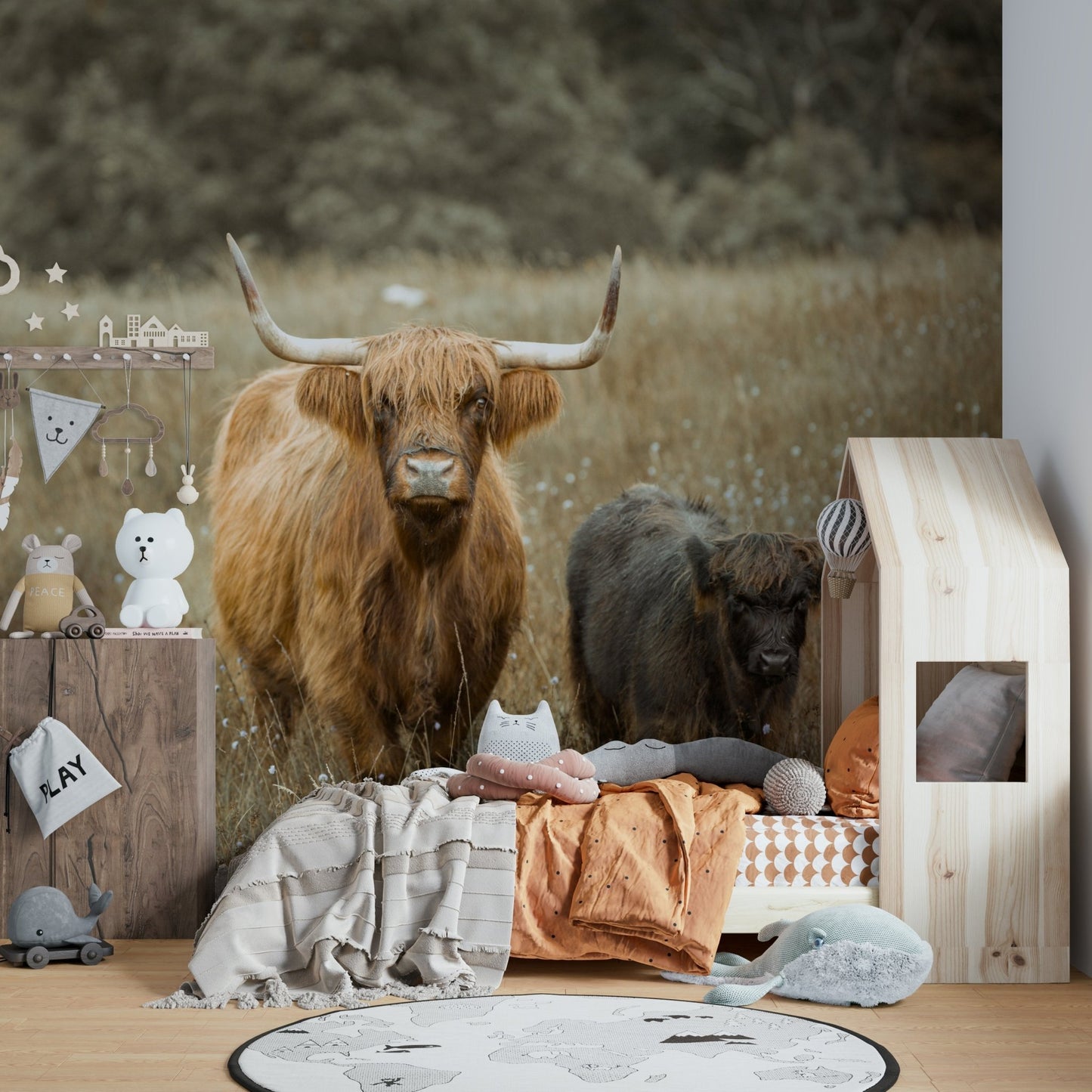 Cozy Highland cow mural for a nature-inspired room.

