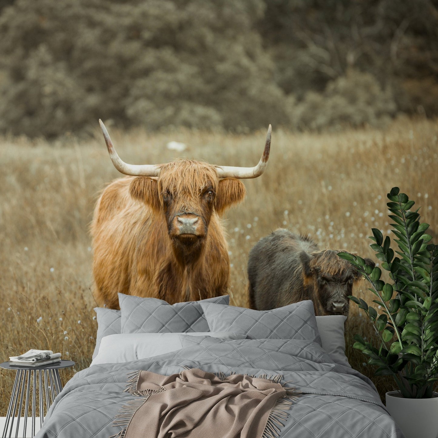 Charming Highland cow mural for a country-themed room.

