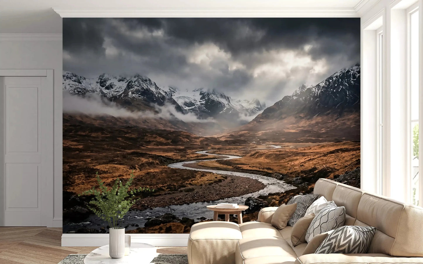 Cloudy mountain view across Highlands' Embrace wall mural