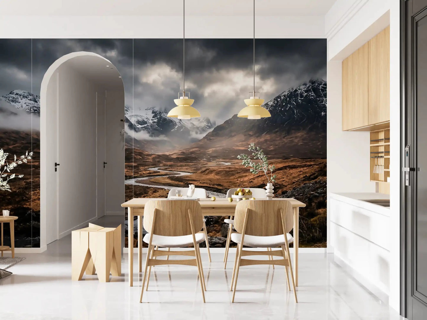 Dining room wall styled in Dramatic Embrace wall mural