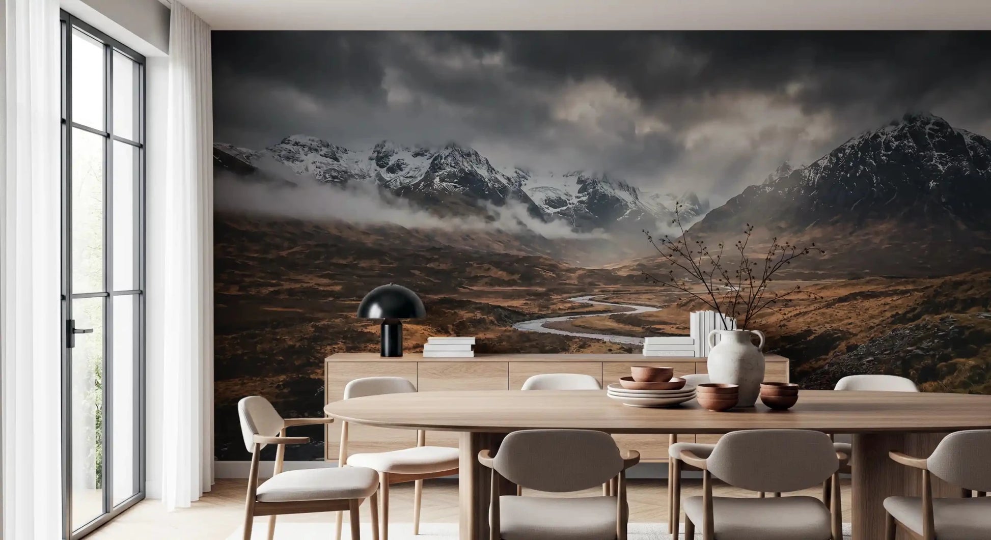 Moody peaks shown in Highlands' Dramatic Embrace mural