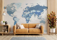 Close-up of detailed blue world map mural wallpaper

