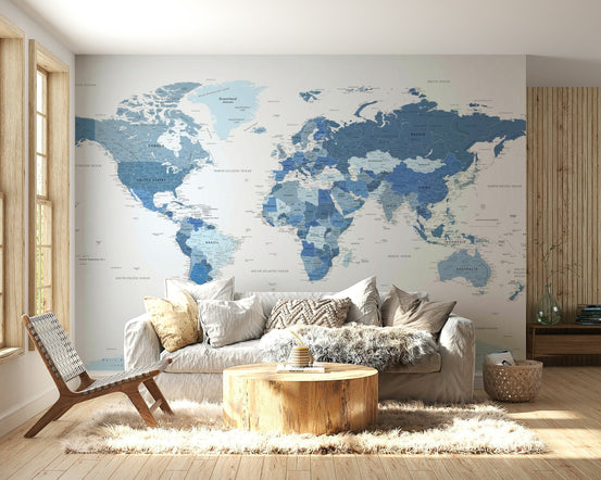 Highly Detailed World Map in Blue Wall Mural full view GD551

