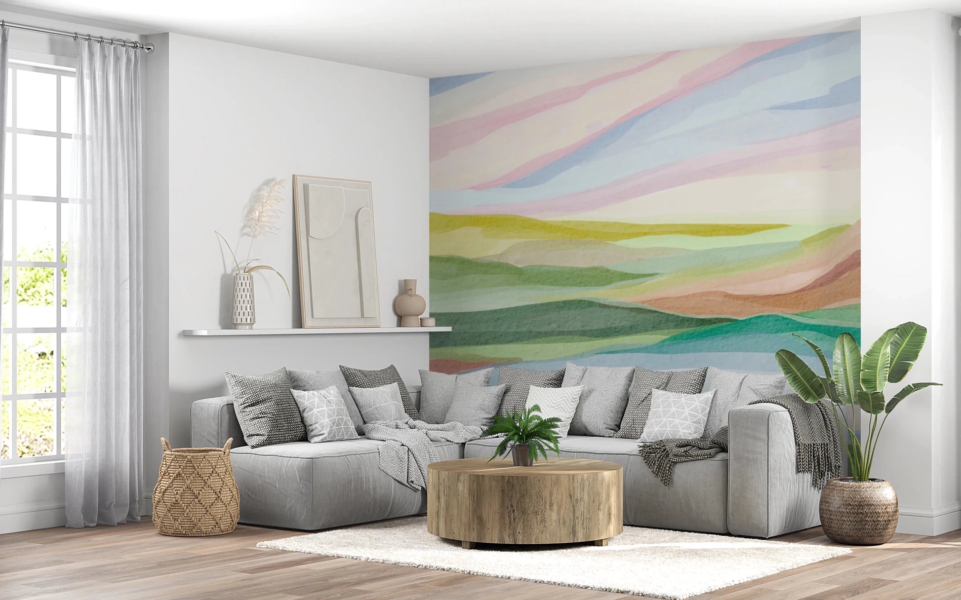 Bright nature mural with layered colorful hills., GD8470