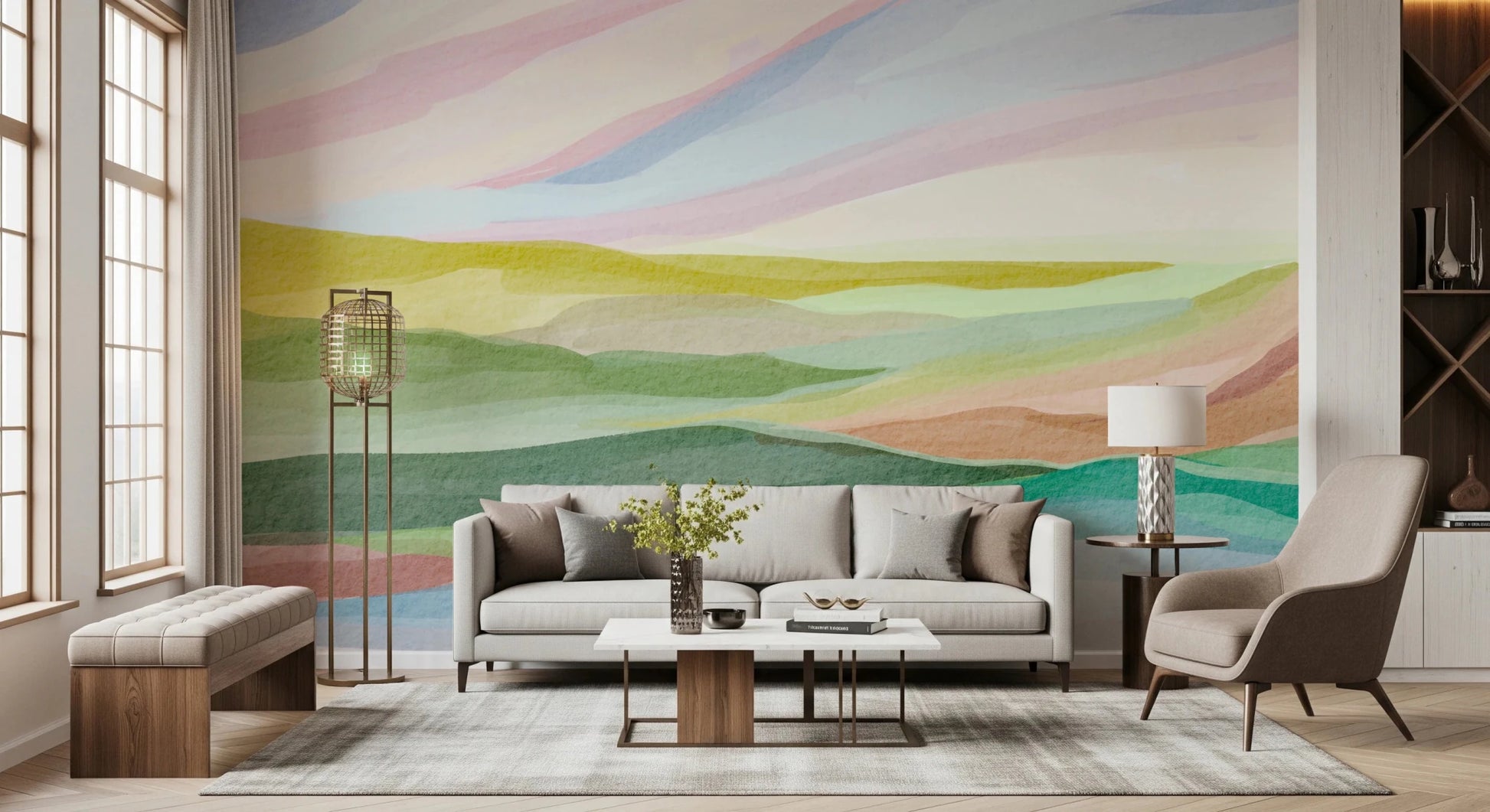 Modern green and pink watercolor landscape decor., GD8470