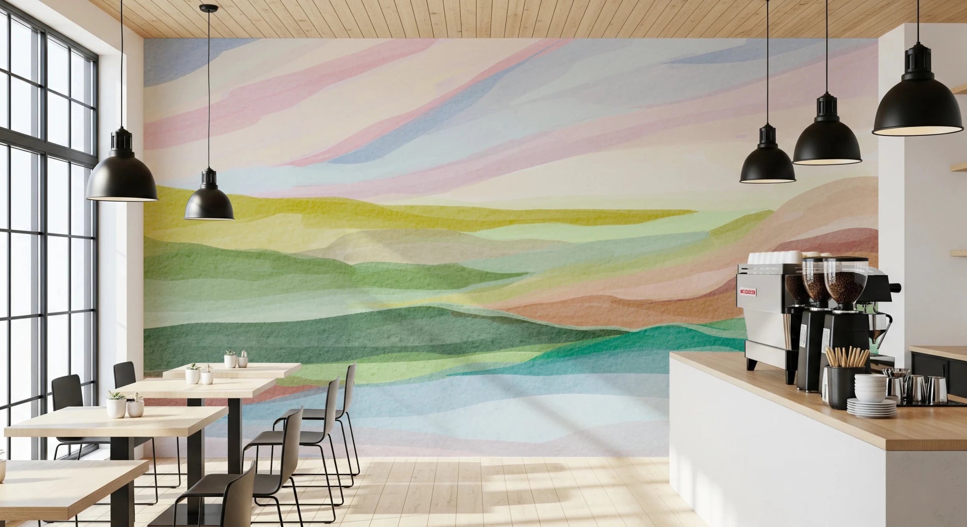 Playful watercolor hills in green and warm pink., GD8470
