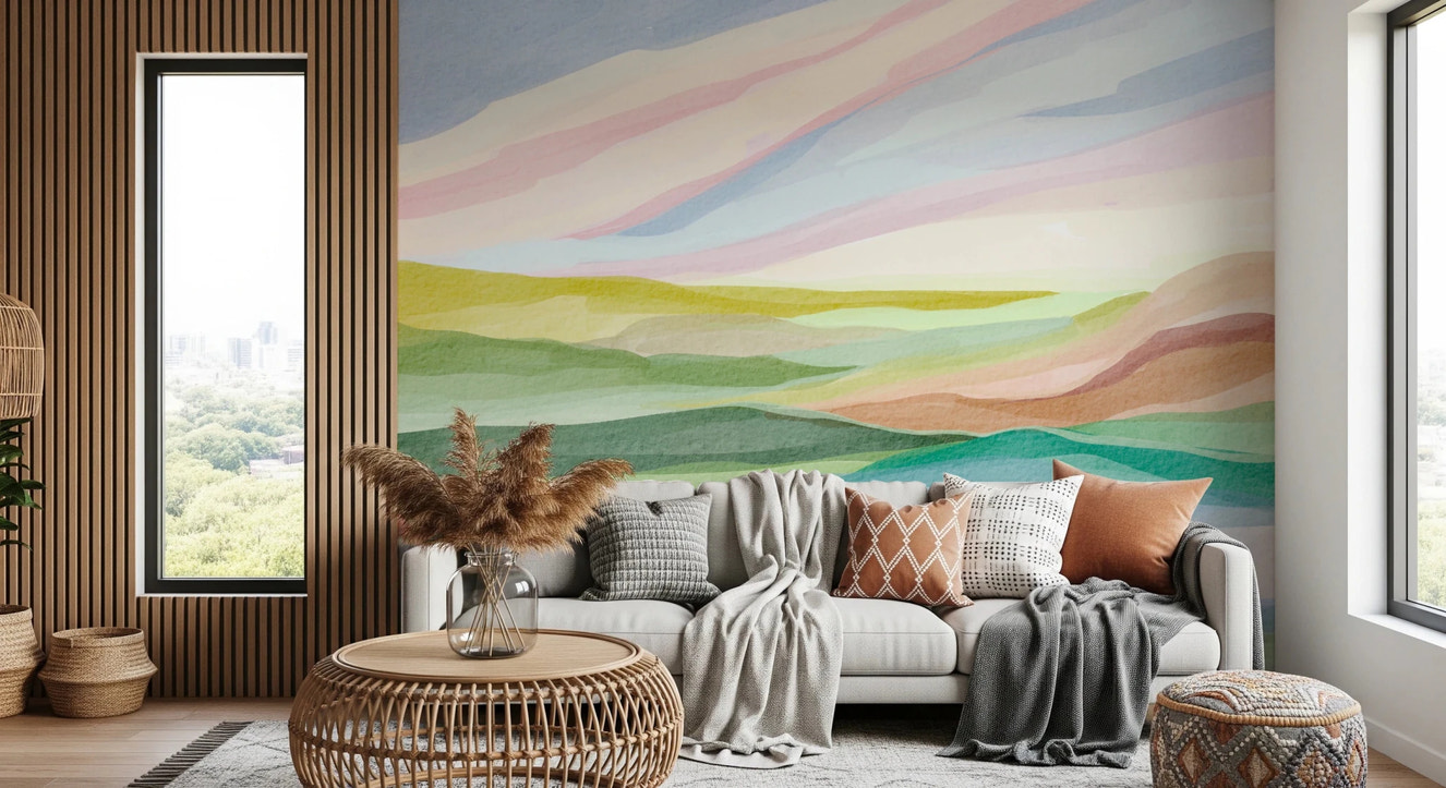 Vibrant green and coral pink watercolor hill mural.