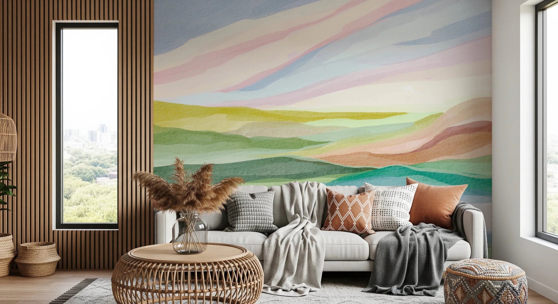 Vibrant green and coral pink watercolor hill mural., GD8470