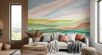 Vibrant green and coral pink watercolor hill mural., GD8470