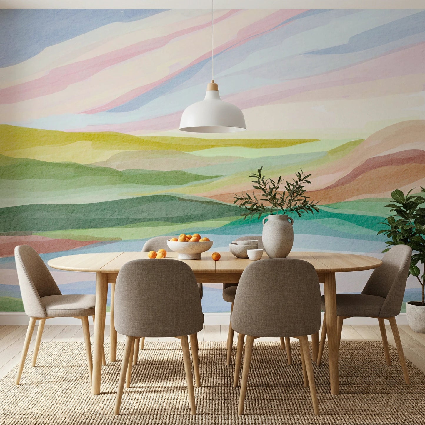 Bold watercolor hills in emerald and peach tones., GD8470