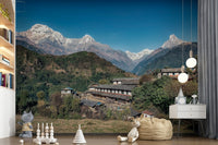 Rustic village stone houses Himalayan Heights wall mural art.