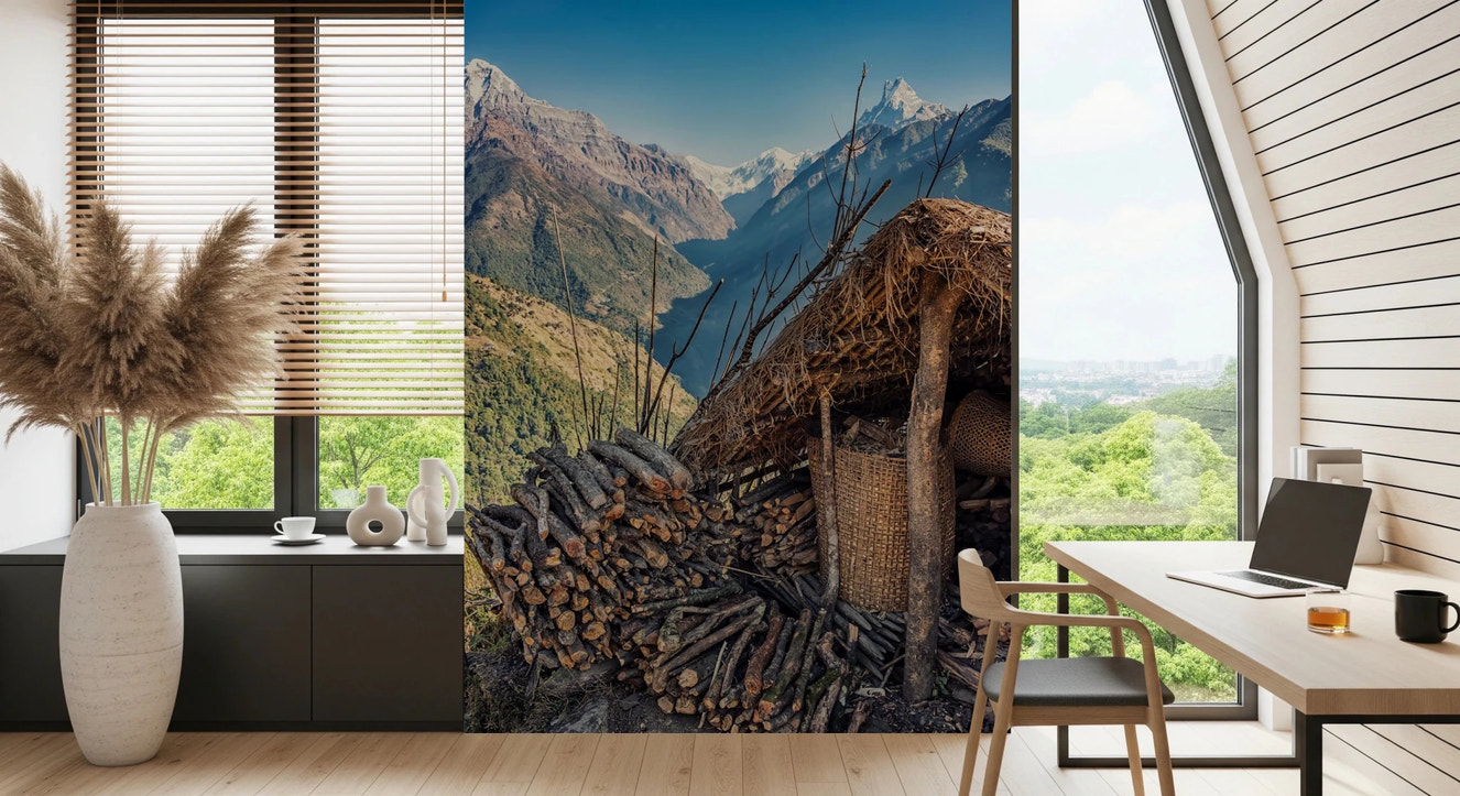 Mountain view with a rustic wood shed mural.