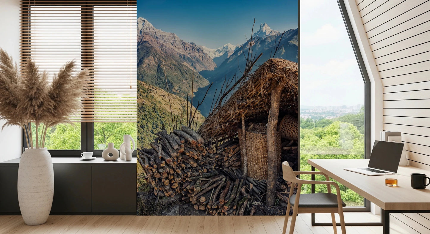Mountain view with a rustic wood shed mural.