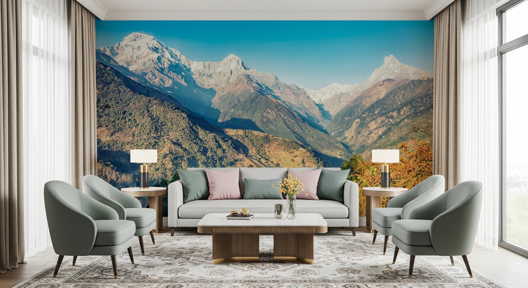 Living room with Himalayan Landscape Wall Mural and snow mountain peaks, GD8066