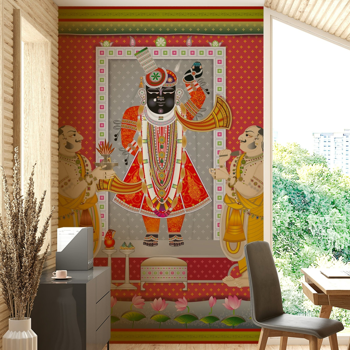 A wall mural depicting the Hindu deity Lord Ganesha.
