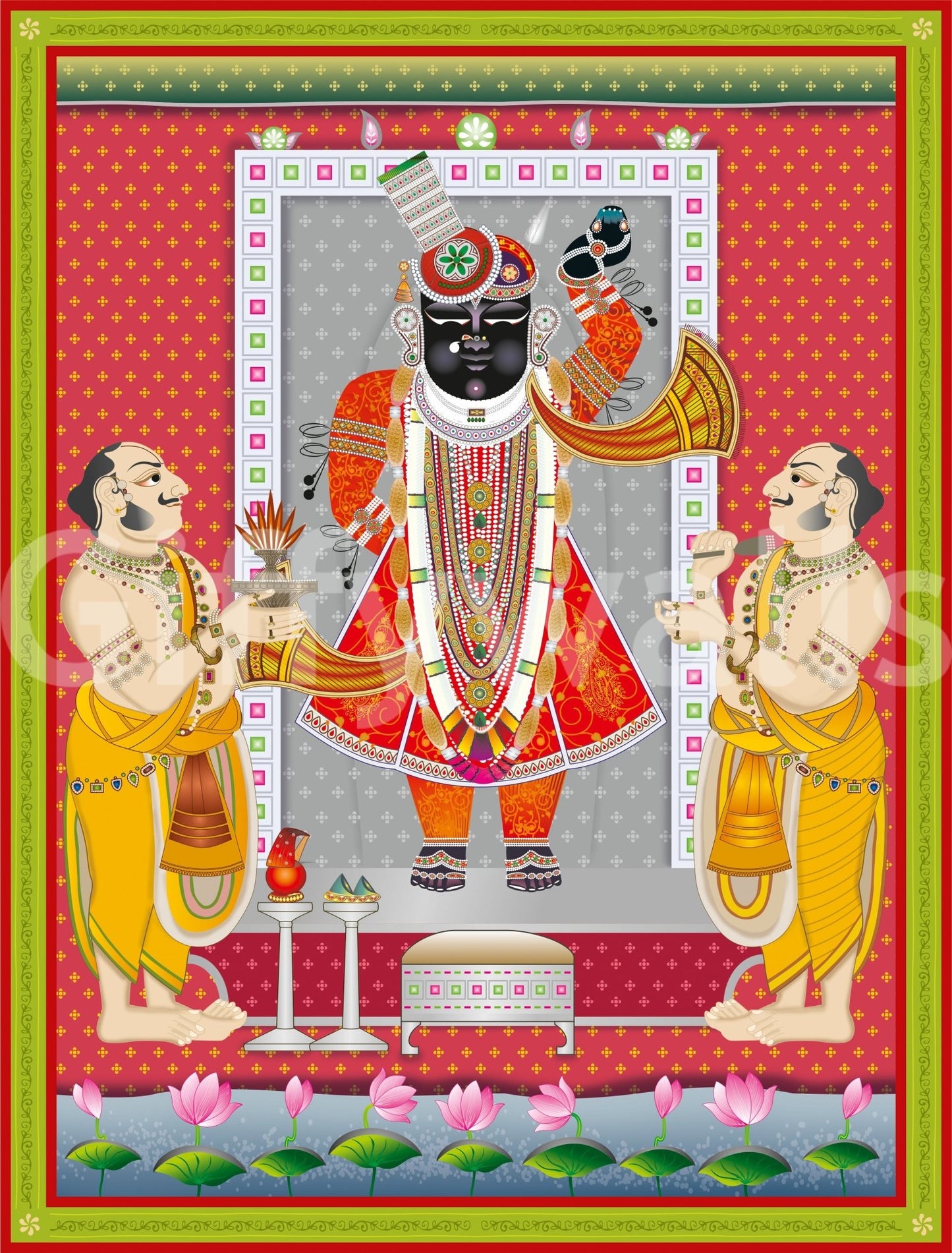 The overall feeling of the artwork is auspicious and peaceful.
