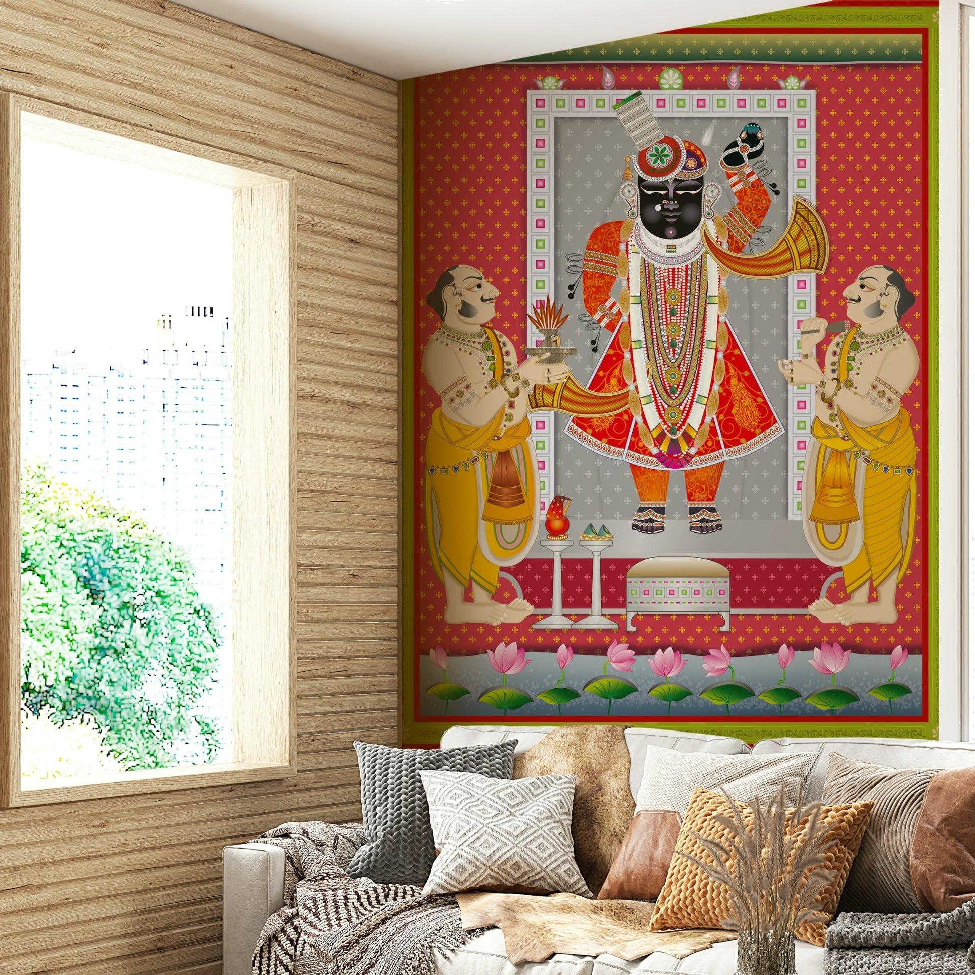 The color palette is warm, with extensive use of gold, red, and orange.
