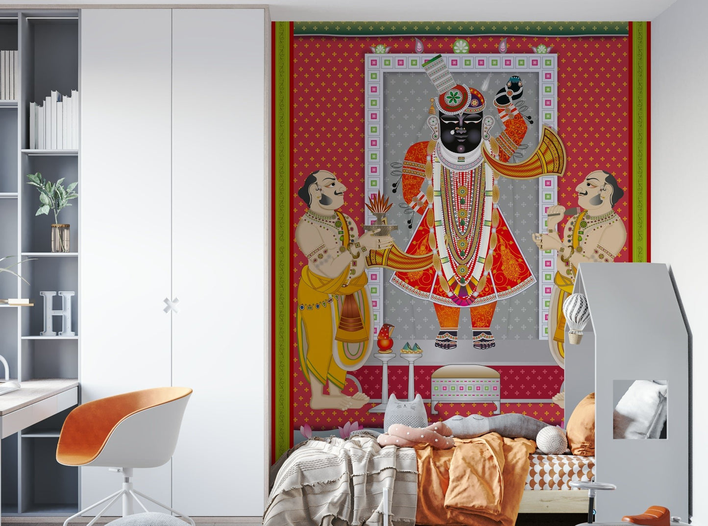 The background is adorned with intricate, traditional patterns.

