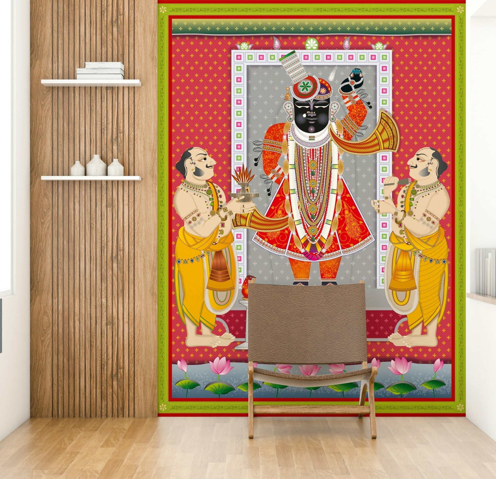 The deity has four arms, each holding a symbolic object.
