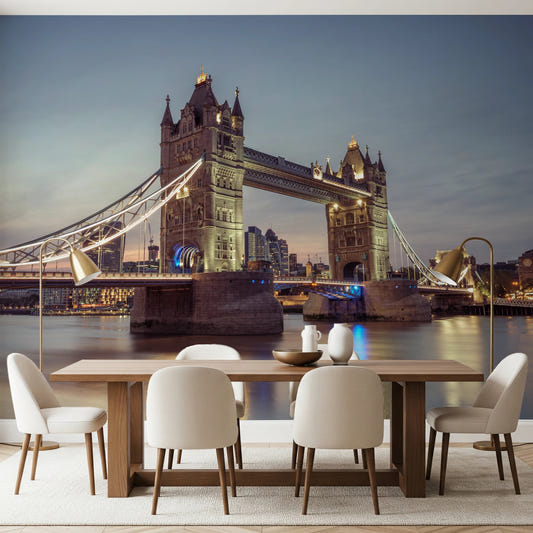 Dining room featuring Historic Crossing Wall Mural with a lit bridge at dusk