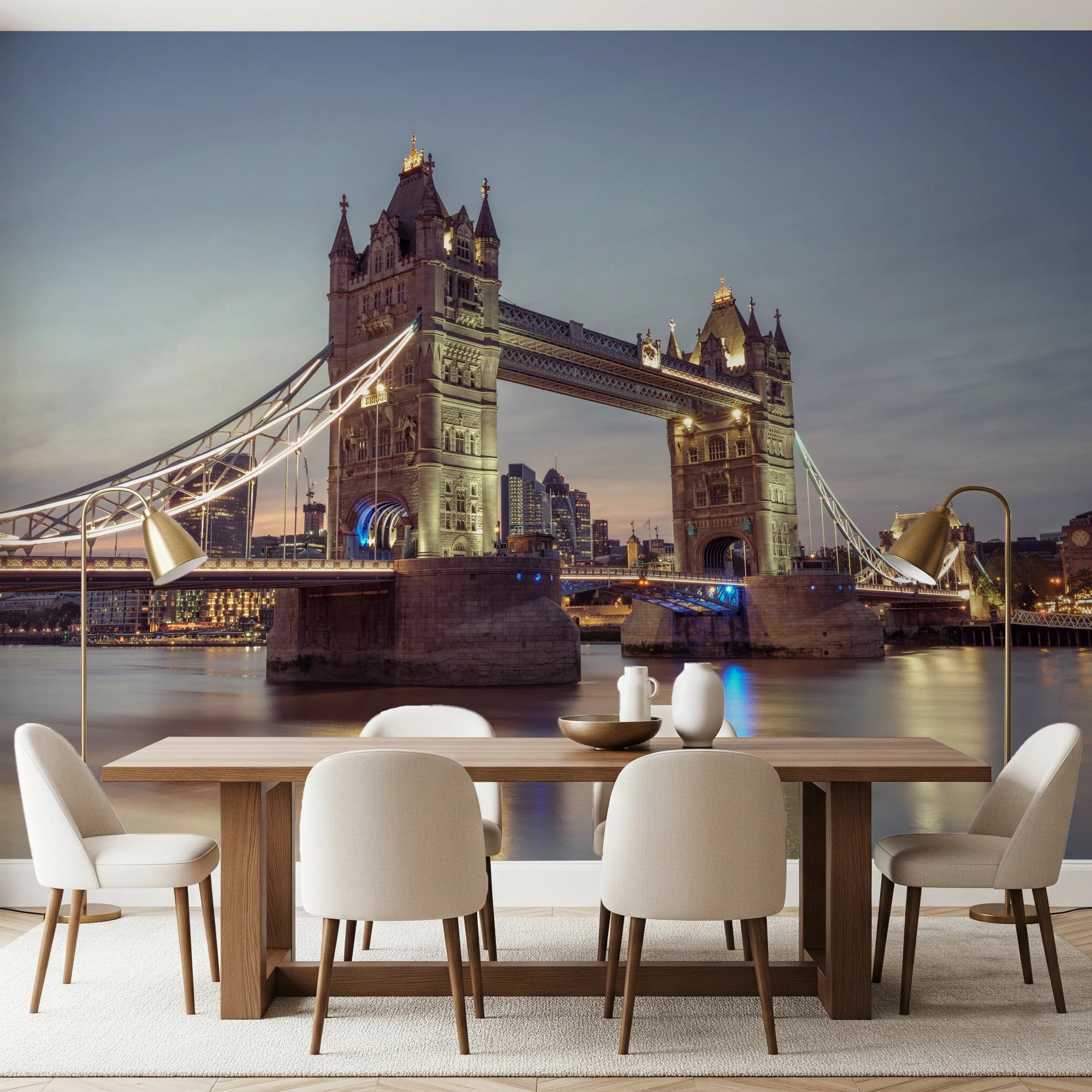 Dining room featuring Historic Crossing Wall Mural with a lit bridge at dusk, GD8843