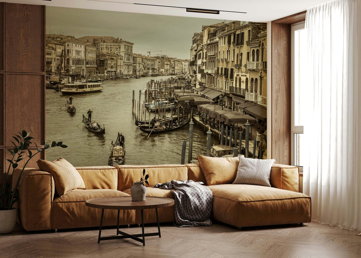 People riding gondolas through the Historic Grand Canal vista wall mural.