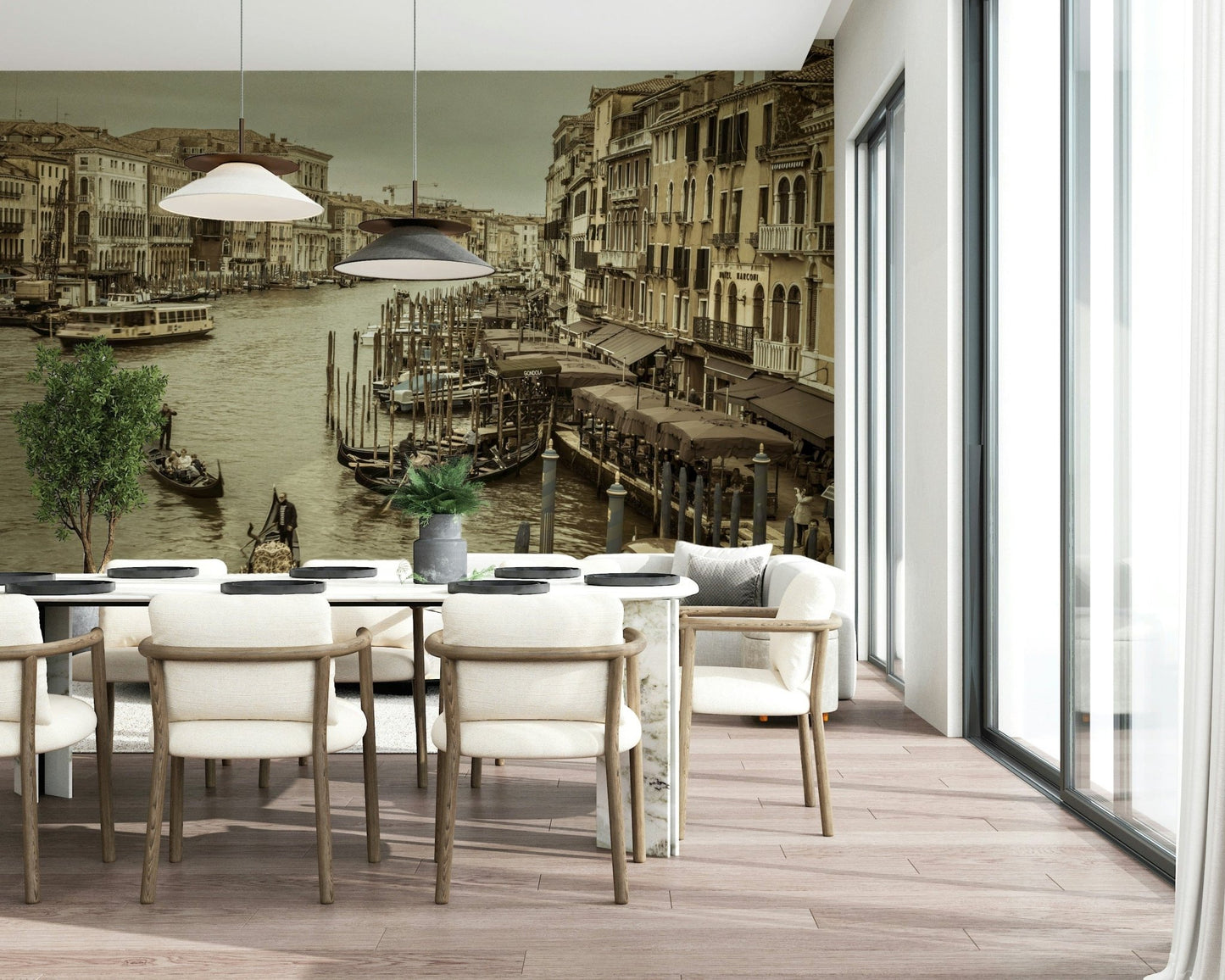 Vintage sepia view of gondolas on the Historic Grand Canal waterway wallpaper.