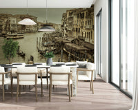 Vintage sepia view of gondolas on the Historic Grand Canal waterway wallpaper.